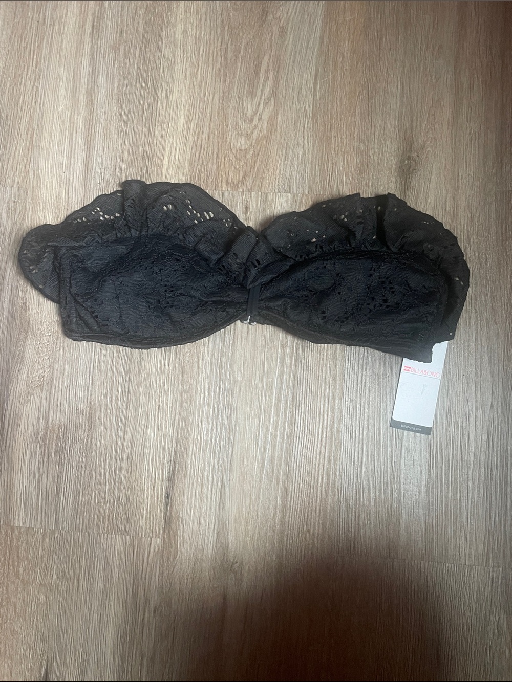 NWT Billabong Black Lace Ruffle Bandeau Bikini Top